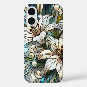Weiße Lilien im Bleiglas-Effekt iPhone 16 Hülle