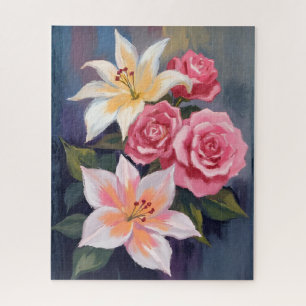 Weiße Lilien-Rosa-Rosenstrauß-Aquarell-Blumen