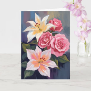 Weiße Lilien Rosa Rosenstrauß Wasserfarbe Floral Karte