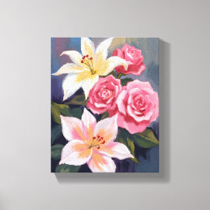 Weiße Lilien Rosa Rosenstrauß Wasserfarbe Floral Leinwanddruck