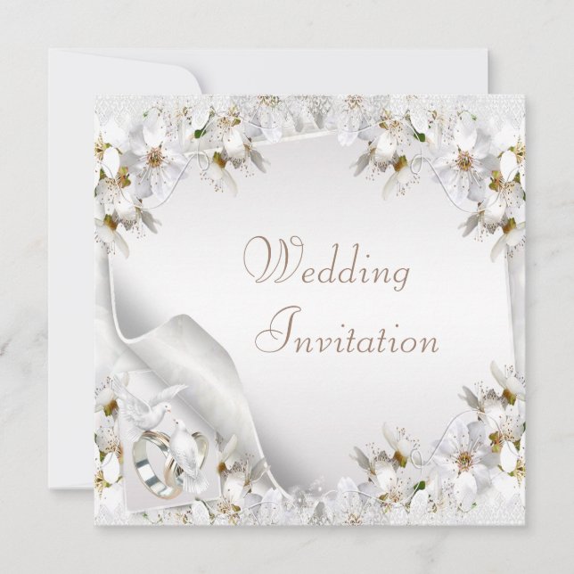Weiße Lilien, Tauben und Hochzeitsbänder Einladung (Vorderseite)
