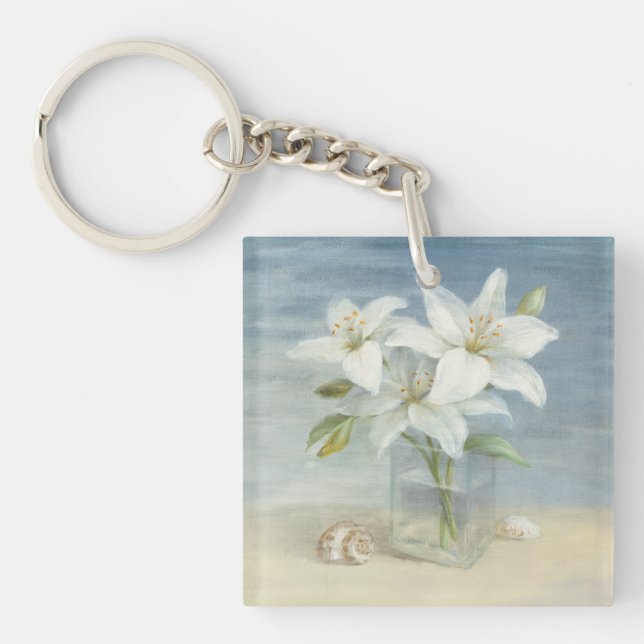 Weiße Lilien und Muscheln Schlüsselanhänger (Vorderseite)