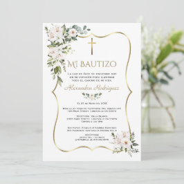 Weiße Lilienrose Bautizo mit Blumen Gold Taufe Einladung