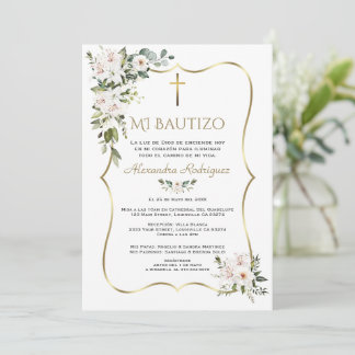 Weiße Lilienrose Bautizo mit Blumen Gold Taufe Einladung