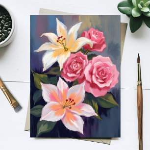 Weiße Lillien-Rosen-Blumenstrauß-Aquarell-Blumen Postkarte