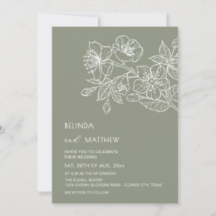 Weiße Line-Art-Blumen Salbeigrüne Casual-Hochzeit Einladung
