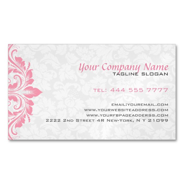 Weiße loral Damask Pink Lace Magnetische Visitenkarte (Vorderseite)