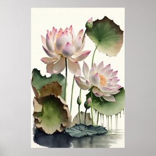 Weiße Lotosblumen Kunst Druck Poster
