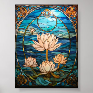 Weiße Lotusblüten über ruhigen blauen Wassern in B Poster