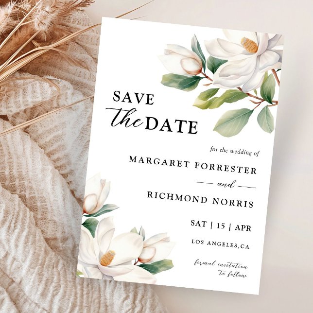 Weiße Magnolia-Blumenhochzeit rettet das Datum Einladung (Von Creator hochgeladen)