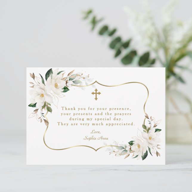 Weiße Magnolia-Flora-Gold-Rahmen-Taufe Dankeskarte (Stehend Vorderseite)
