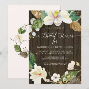 Weiße Magnolia Floral Wasserfarbe Rustikales Holz Einladung