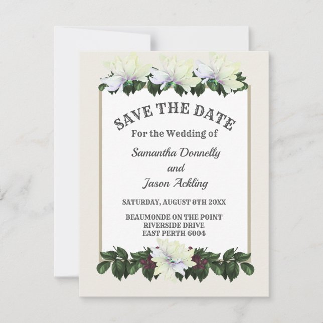 Weiße Magnolia Grüne Blüte Save the Date Einladung (Vorderseite)