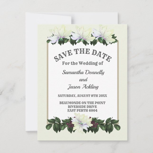 Weiße Magnolia Grüne Blüte Save the Date Einladung (Vorderseite)