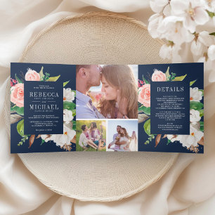Weiße Magnolie Erröten Rosa Blumen Navy Blau Hochz Dreifach Gefaltete Einladung