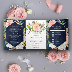 Weiße Magnolie Erröten Rosa Blumen Navy Blau Hochz Dreifach Gefaltete Einladung