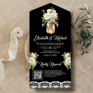 Weiße Magnolie Mason Glas Schwarzer QR Code Hochze All In One Einladung