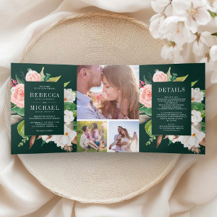 Weiße Magnolie Röte Pink Blumen Smaragd Hochzeit Dreifach Gefaltete Einladung