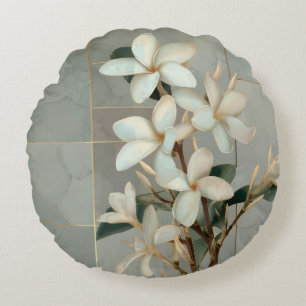 Weiße Magnolien-Blumen Gold Line Marmor Rundes Kissen