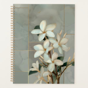 Weiße Magnolien-Blumen-Gold-Linien-Marmor Planer