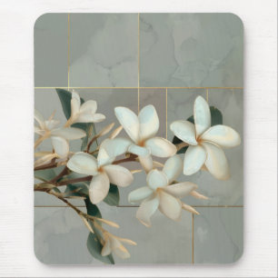 Weiße Magnolien-Blumen Goldlinien-Marmor Mousepad
