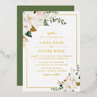 Weiße Magnolien-Blumen-Hochzeitseinladung Gold Folieneinladung