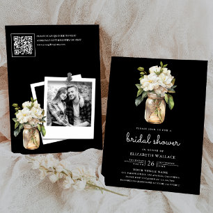 Weiße Magnolien-Blumen Schwarzer QR-Code Brautpart Einladung