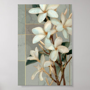 Weiße Magnolien-Blüten-Goldlinien-Marmor Poster