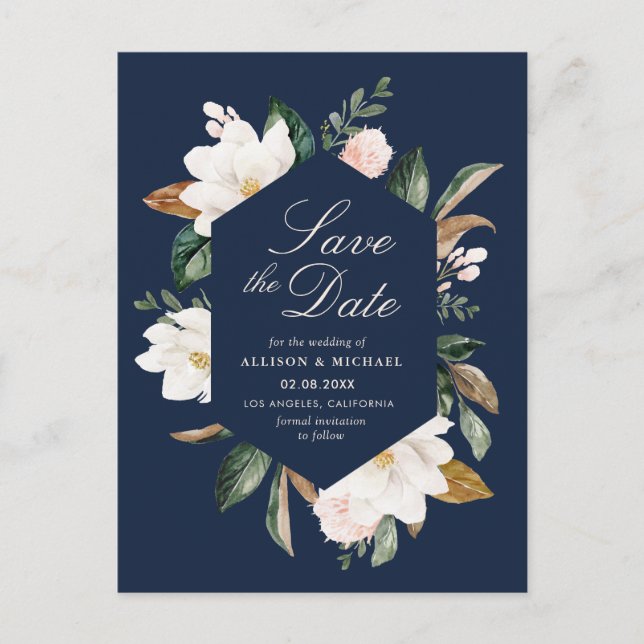 Weiße Magnolienblume Save the Date blau Postkarte (Vorderseite)