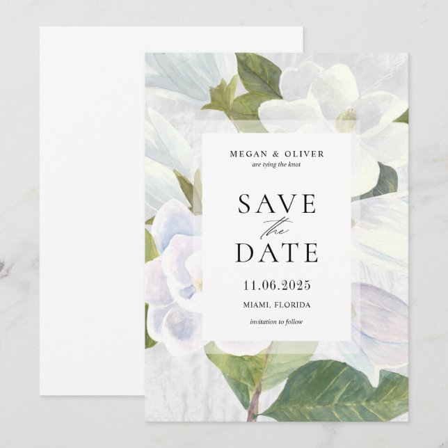 Weiße Magnolienblüten beim Hochzeitsfeiern: Speich Save The Date (Vorne/Hinten)