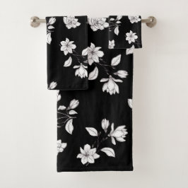 Weiße Magnolienzweige auf Schwarz Badhandtuch Set