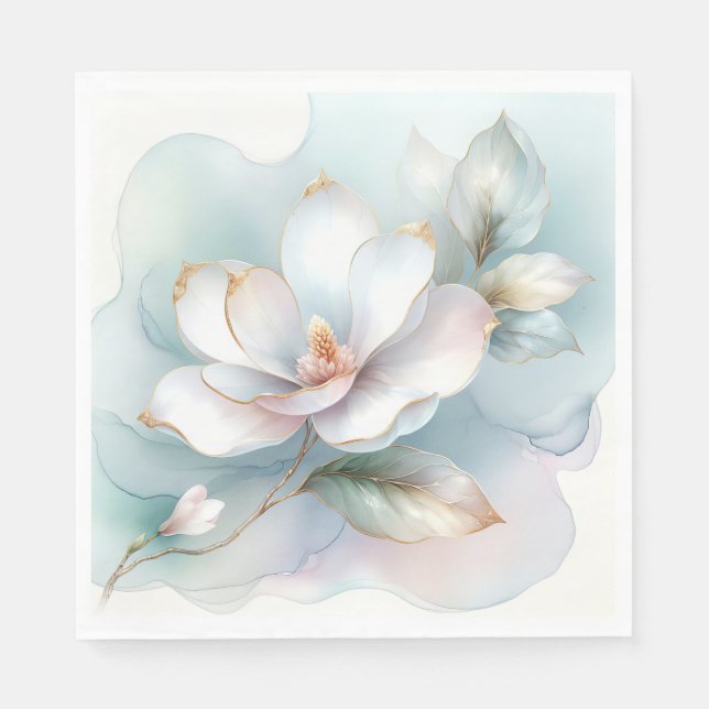 Weiße Magnolische Blume mit goldener Kante Serviette (Vorderseite)