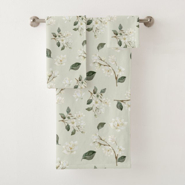 Weiße Magnolische Wasserfarbe Muster Meeresfohlen  Badhandtuch Set (Insitu)