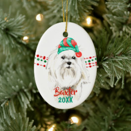 Weiße maltesische Weihnachtsmannmütze Holiday Stri Keramik Ornament