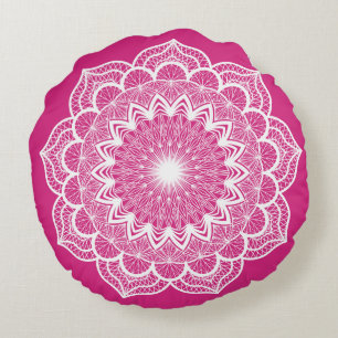 Weiße Mandala auf rosa Hintergrund Rundes Kissen