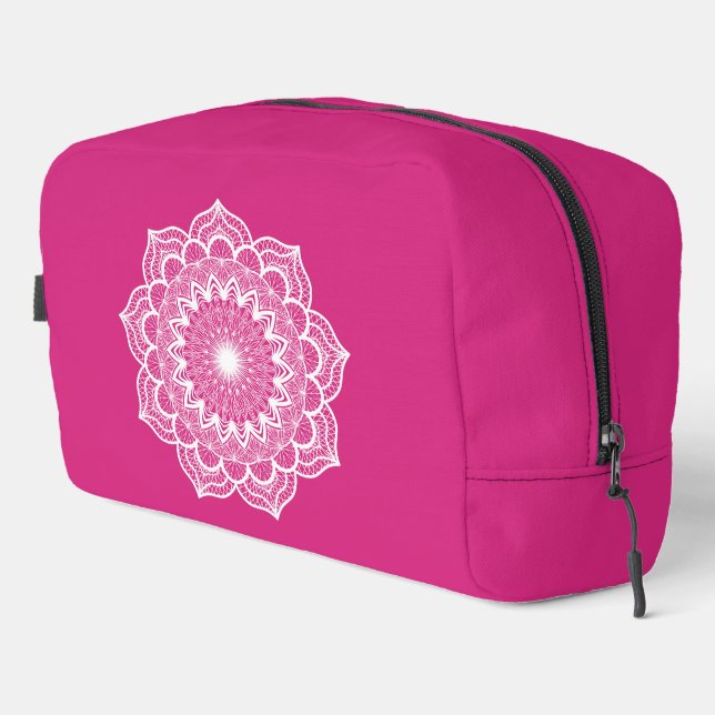 Weiße Mandala auf rosa Hintergrund Waschbeutel (Rechte Ecke)