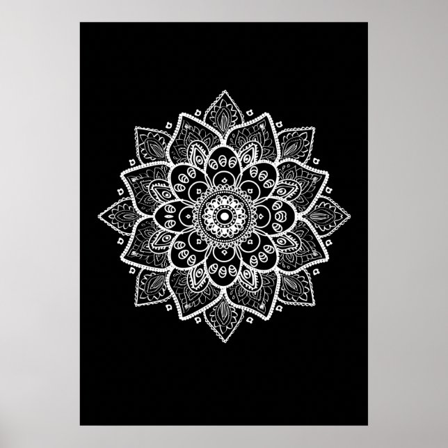Weiße Mandala auf schwarz Poster (Vorne)