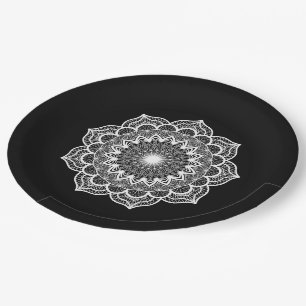 Weiße Mandala auf schwarzem Hintergrund Pappteller