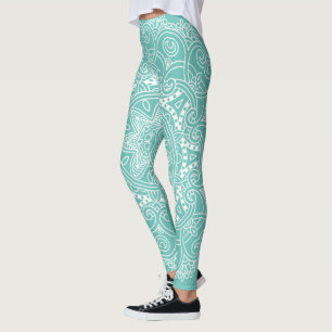 Weiße Mandala Kunstmuster auf Aquamarin blauem Grü Leggings