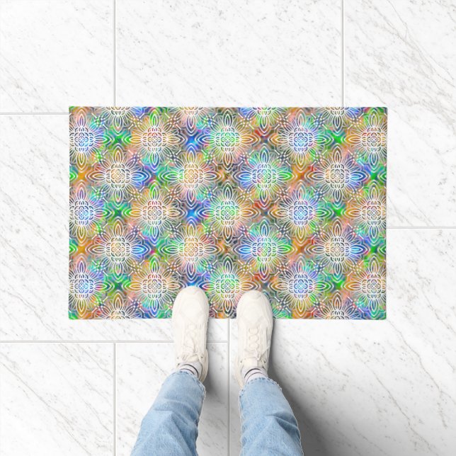 Weiße Mandala-Muster über farbenfrohe Juwelentöne Fußmatte (Indoor)