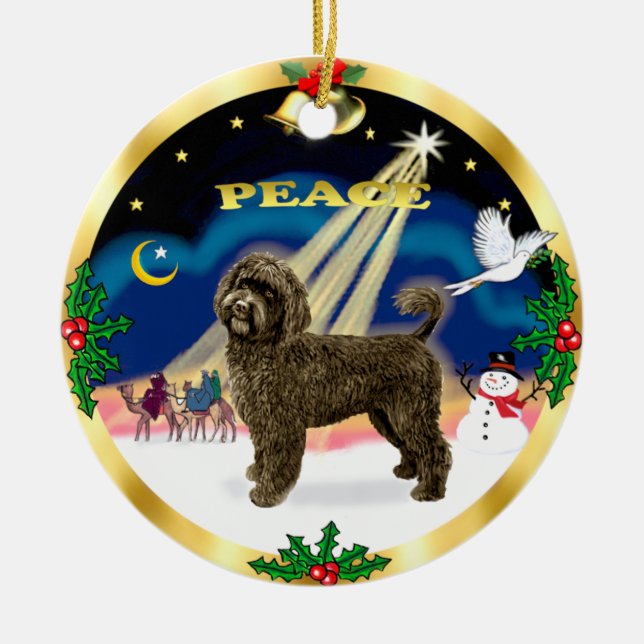 Weiße Männer - brauner Portugiesischer Wasserhund Keramikornament (Vorne)