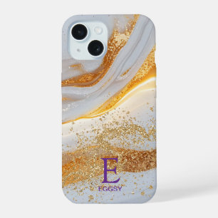 Weiße Marmor-Chic-Gold-Glitter-Monogramm iPhone 15 Hülle