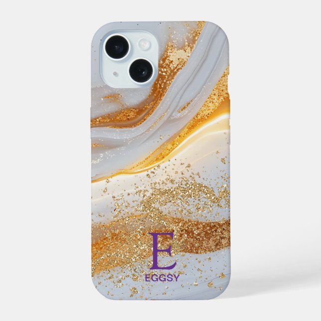 Weiße Marmor-Chic-Gold-Glitter-Monogramm iPhone 15 Hülle (Rückseite)