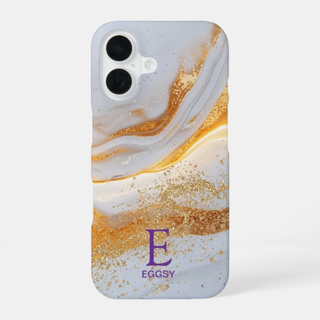 Weiße Marmor-Chic-Gold-Glitter-Monogramm iPhone 16 Hülle (Rückseite)