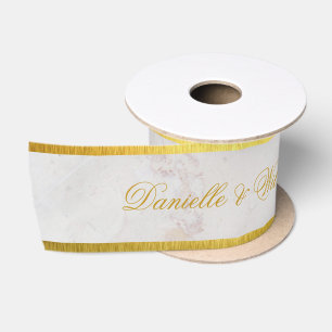 Weiße Marmor-Faux-Gold-Elegante Kalligrafie-Hochze Satinband