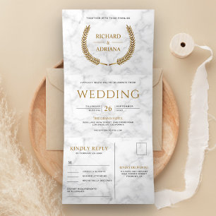 Weiße Marmor-Gold-Lorbeerkranz-Hochzeit in einem Dreifach Gefaltete Einladung