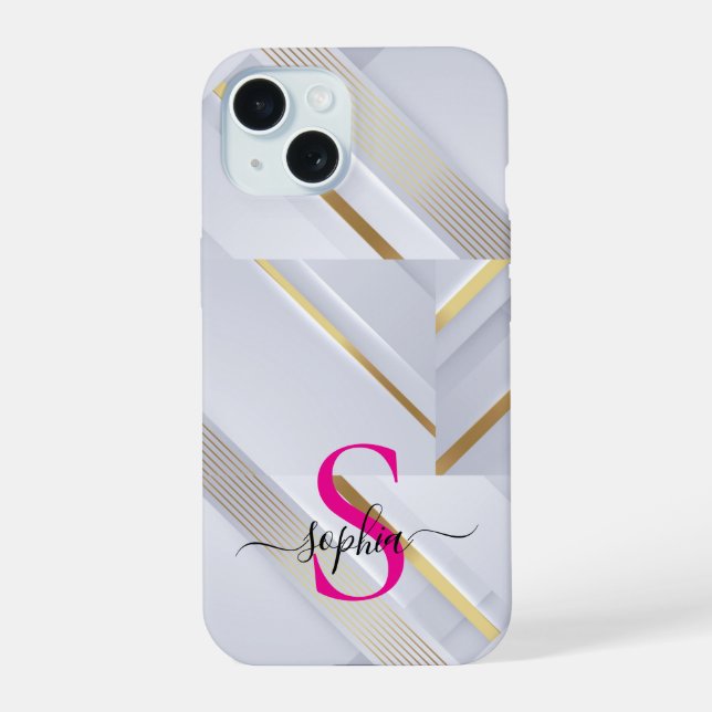weiße Marmor-Goldlinien-Monogramm iPhone 15 Hülle (Rückseite)