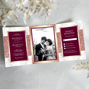 Weiße Marmor-Rose-Gold-Glitter Magenta Hochzeit Dreifach Gefaltete Einladung