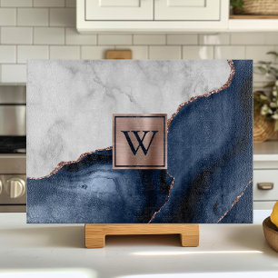 Weiße Marmor-Roségold-Navyblau-Achat-Monogramm Schneidebrett