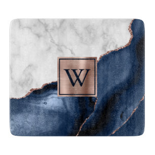 Weiße Marmor-Roségold-Navyblau-Achat-Monogramm-Tr Schneidebrett